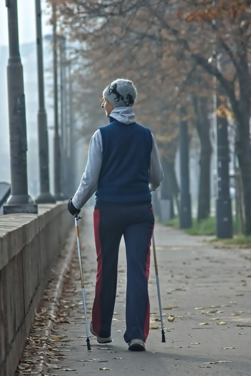 Personne de dos marchant avec des bâtons sur une promenade en automne